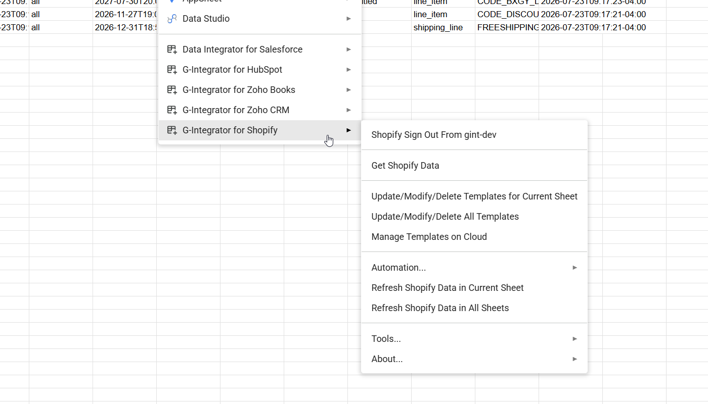 G-Integrator for Shopify in the Extensions menu