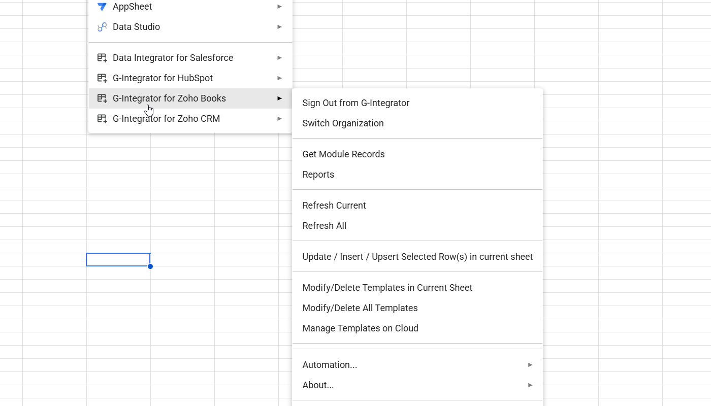 G-Integrator for Zoho Books in the Extensions menu